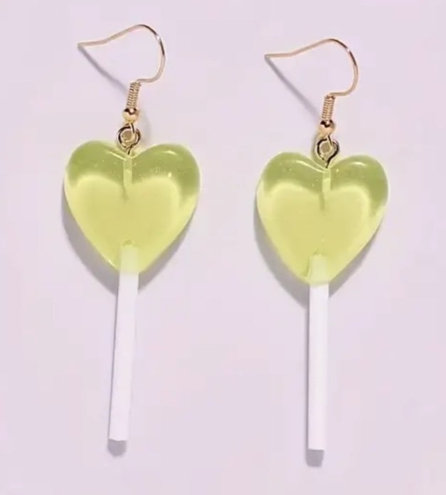 Candy Heart Haped Green Lolly Pop Acrylic Dangle Earrings