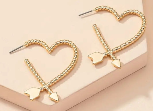 Arrow Heart Design Large Half Hoop Gold Tone Metal Earrings