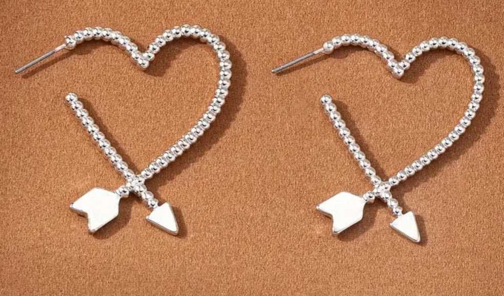 Arrow Heart Design Large Half Hoop Silver Tone Metal Earrings