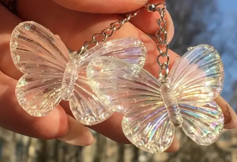 Acrylic Large Transparent Champagne Coloured Butterfly Design Dangle Earrings