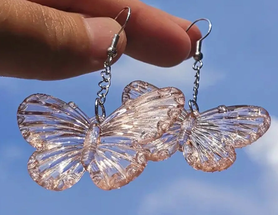 Acrylic Large Transparent Champagne Coloured Butterfly Design Dangle Earrings