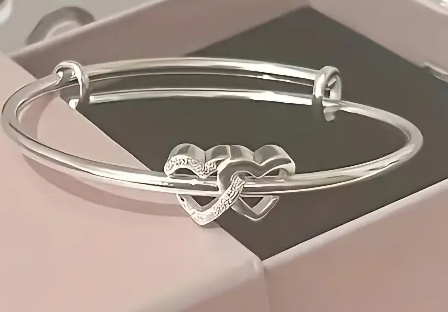 Double Heart Rhinestone Silver Plated Adjustable Bangle