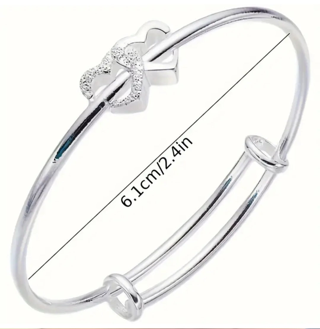 Double Heart Rhinestone Silver Plated Adjustable Bangle