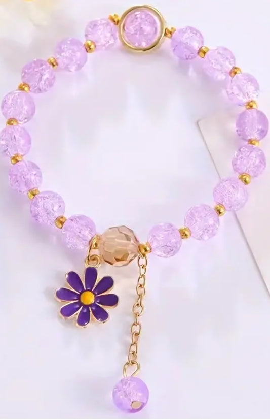 Lilac Purple Bead Flower Charm Elastic Strechy Bracelet