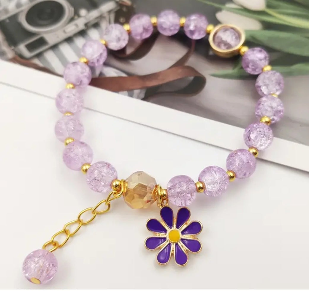 Lilac Purple Bead Flower Charm Elastic Strechy Bracelet