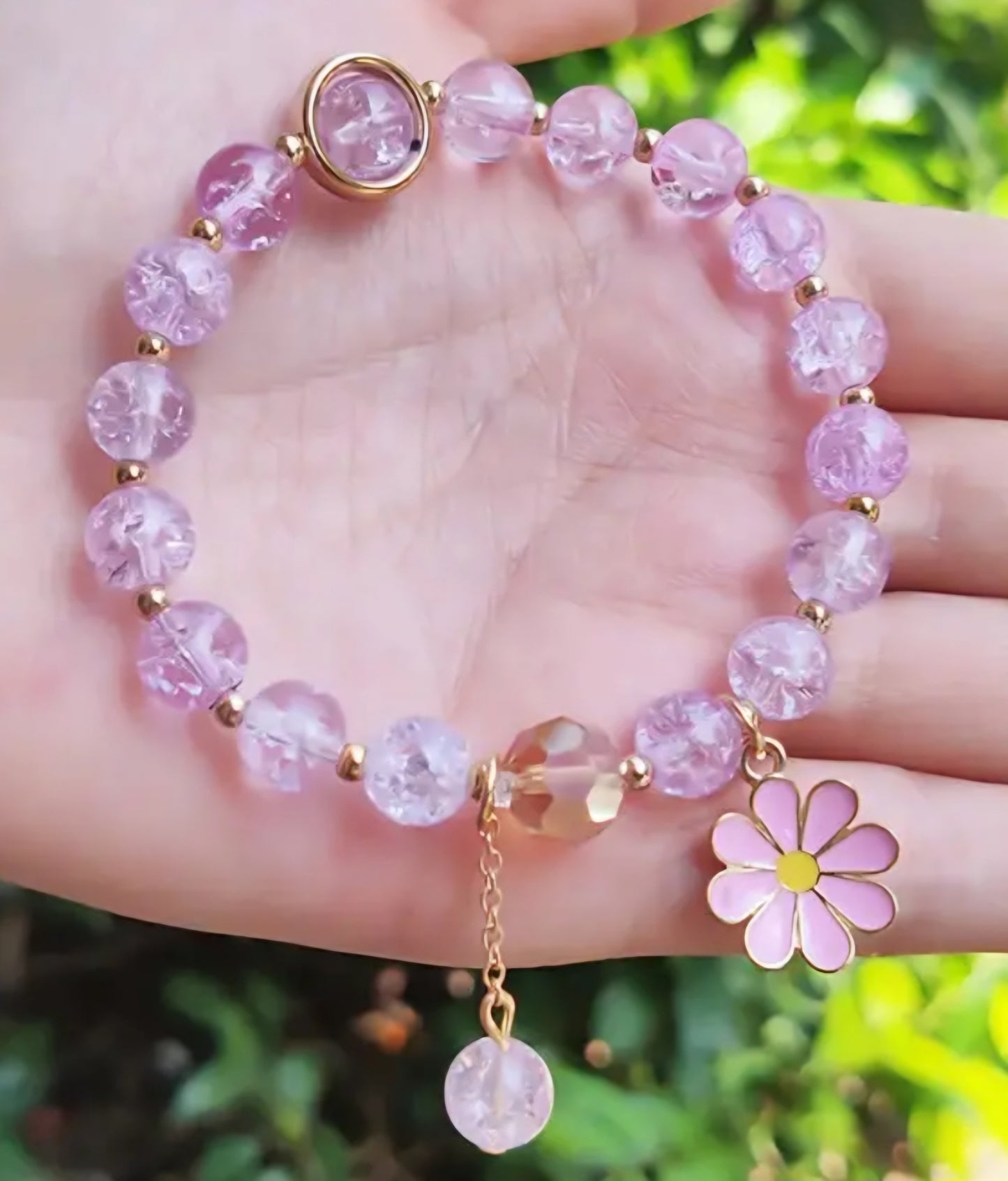 Lilac Purple Bead Flower Charm Elastic Strechy Bracelet