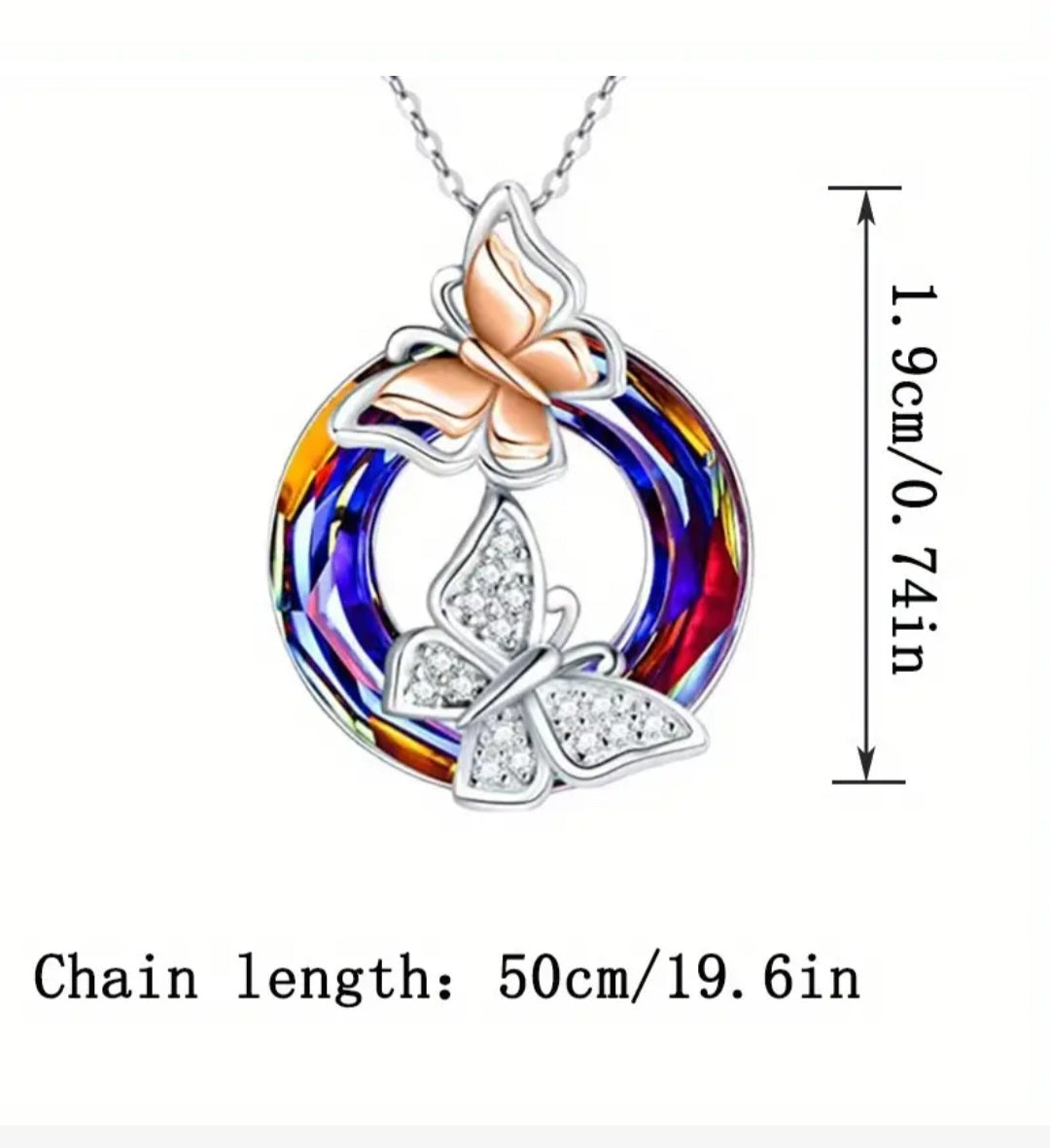 Colourful Crystal Glass Circle Ring Silver Plated Butterfly Design Pendant On Dainty Chain Necklace Style 1