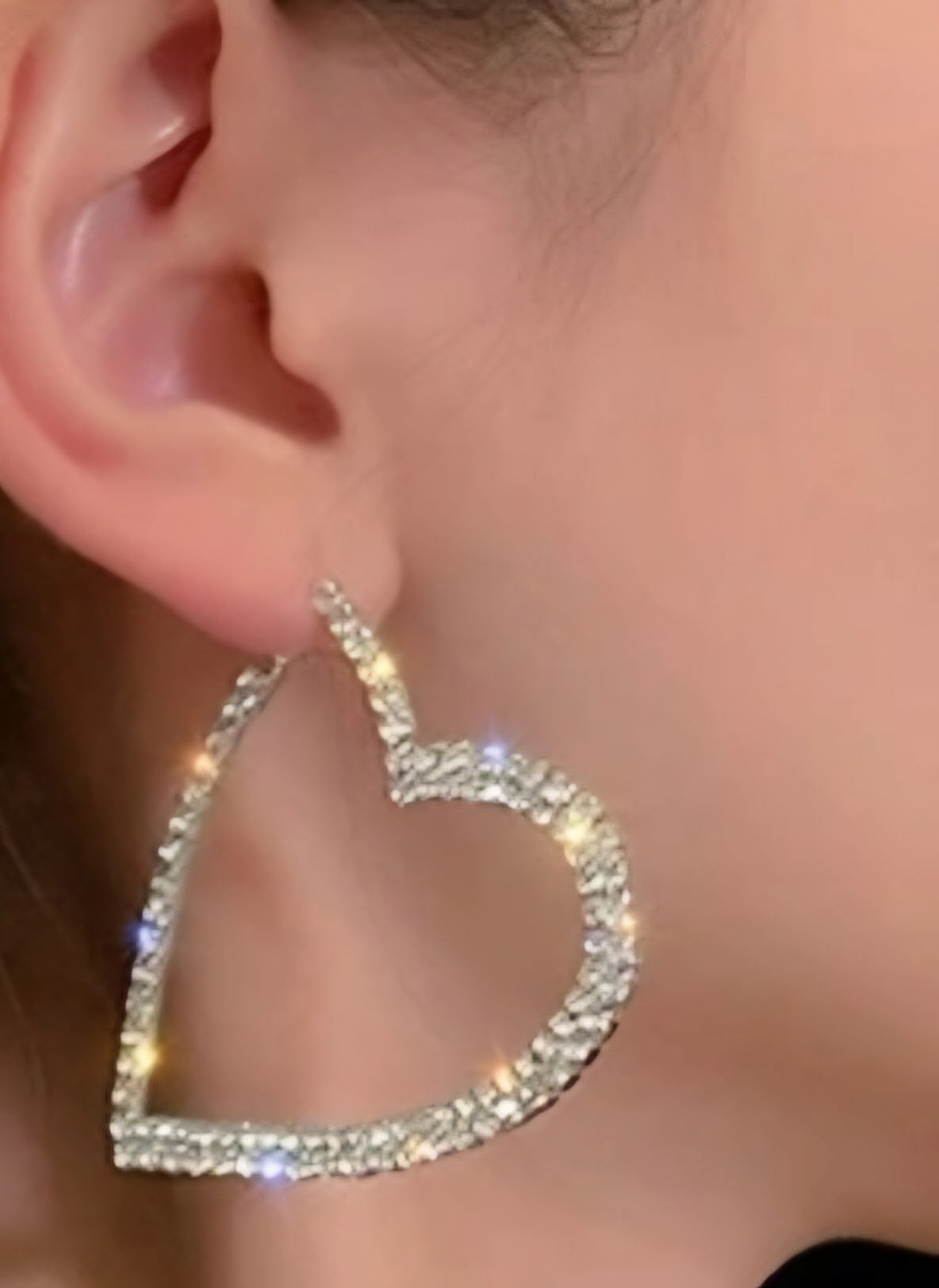 Bling Rhinestone Set Silver Plated Heart Shaped Hoop Earrings