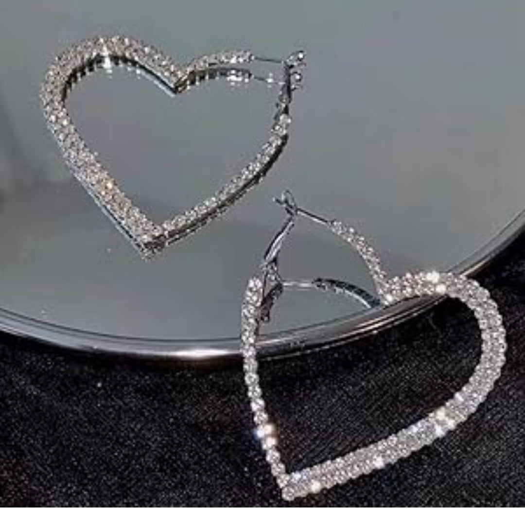 Bling Rhinestone Set Silver Plated Heart Shaped Hoop Earrings