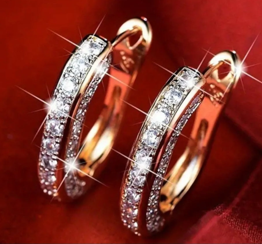 3 Sided Rhinestone Set Gold Plated Small Huggie Hoop Earrings