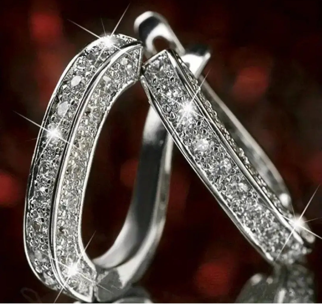 3 Sided Rhinestone Set Silver Plated Small Huggie Hoop Earrings