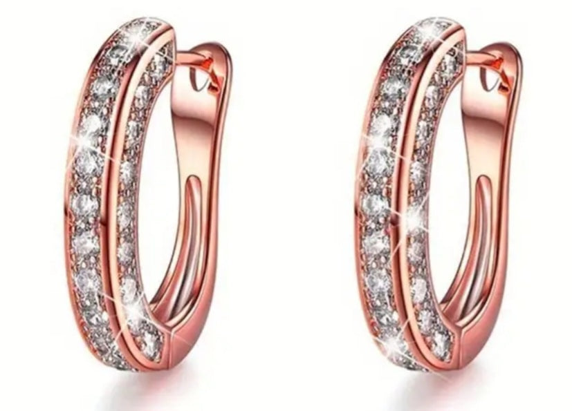 3 Sided Rhinestone Set Rose Gold Plated Small Huggie Hoop Earrings