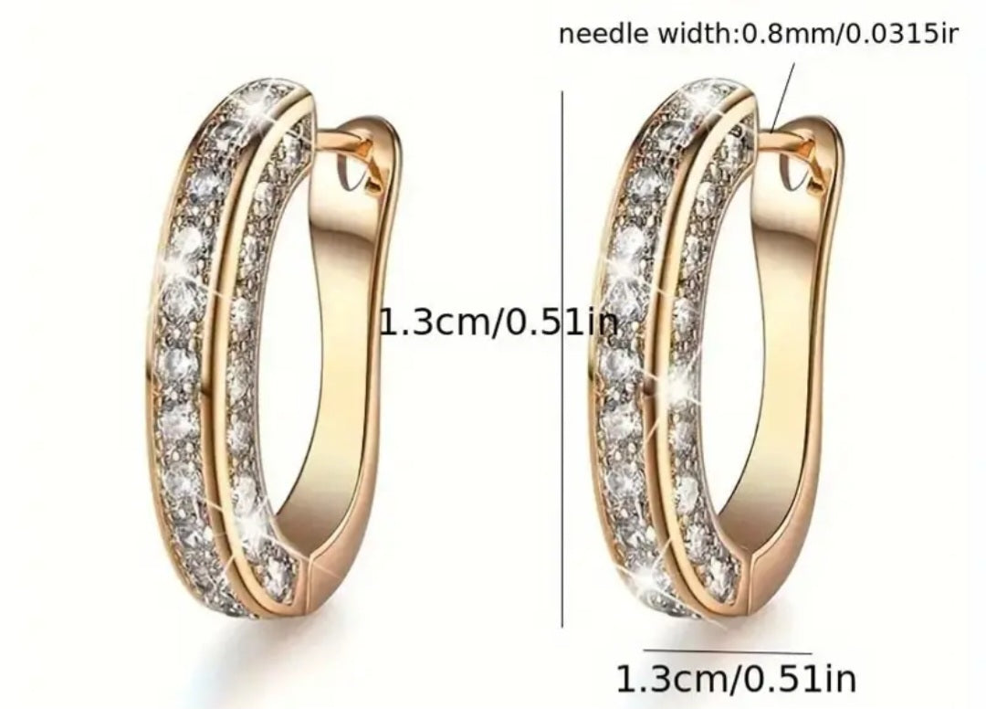 3 Sided Rhinestone Set Gold Plated Small Huggie Hoop Earrings