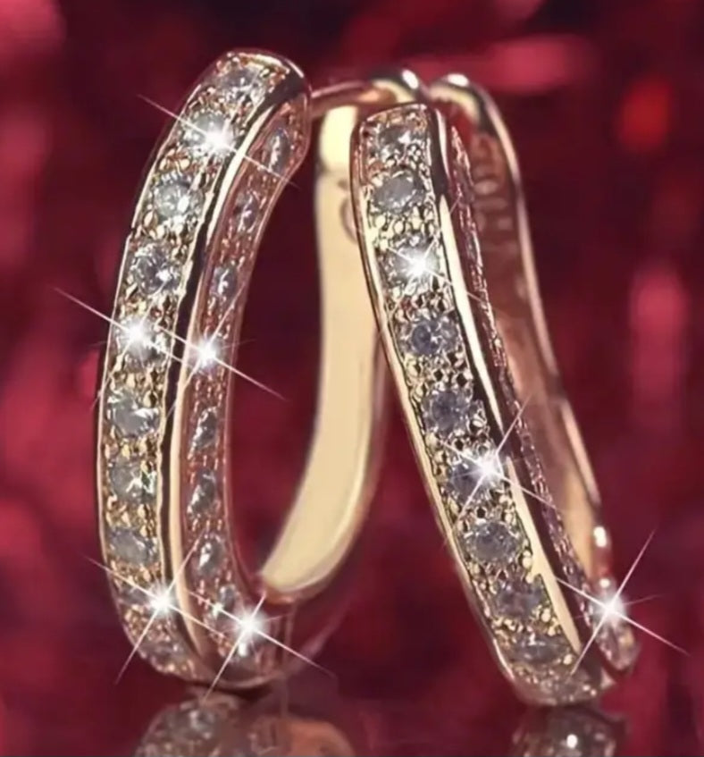 3 Sided Rhinestone Set Gold Plated Small Huggie Hoop Earrings