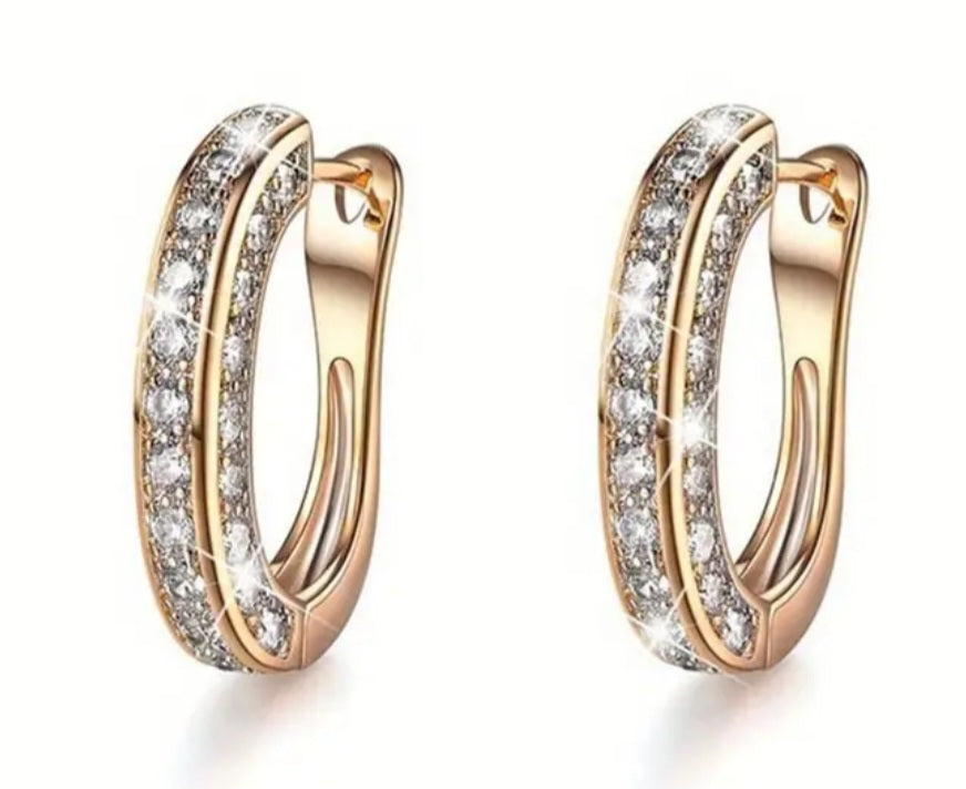 3 Sided Rhinestone Set Gold Plated Small Huggie Hoop Earrings