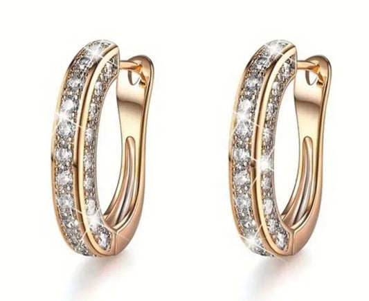 3 Sided Rhinestone Set Gold Plated Small Huggie Hoop Earrings