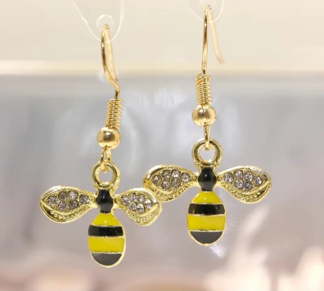 Bright Bee Gold Plated  Rhinestone Small Dangle Drop Earrings