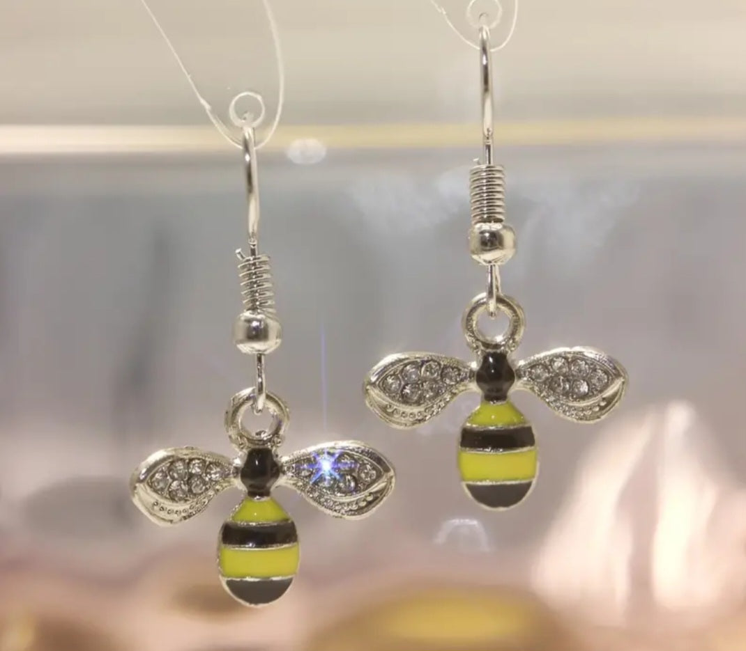 Bright Bee Silver Plated  Rhinestone Small Dangle Drop Earrings