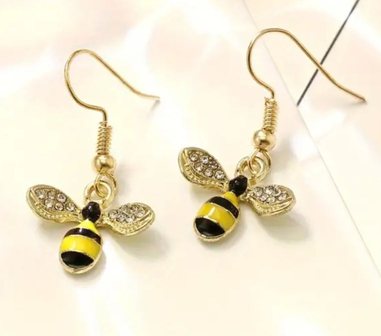 Bright Bee Gold Plated  Rhinestone Small Dangle Drop Earrings