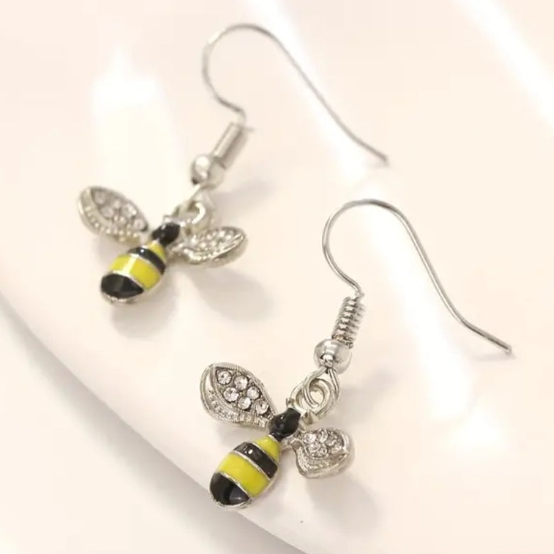 Bright Bee Silver Plated  Rhinestone Small Dangle Drop Earrings