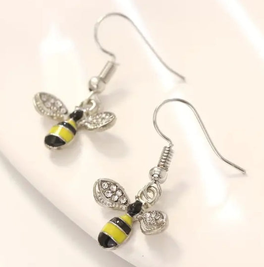 Bright Bee Silver Plated  Rhinestone Small Dangle Drop Earrings