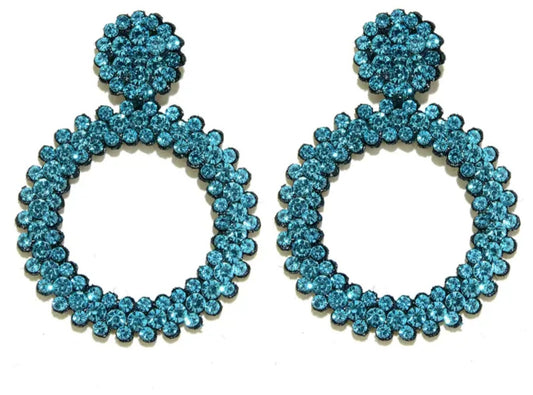 Large Bright Felt Backed Super Lightweight Lake Blue Crystal Rhinestone Retro Circle Ring Design Drop Earrings