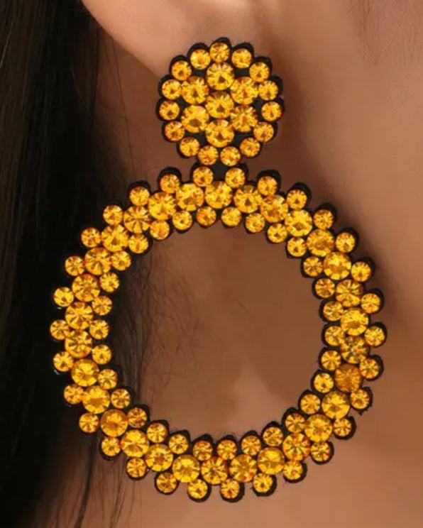 Large Bright Felt Backed Super Lightweight Sunshine Yellow Crystal Rhinestone Retro Circle Ring Design Drop Earrings