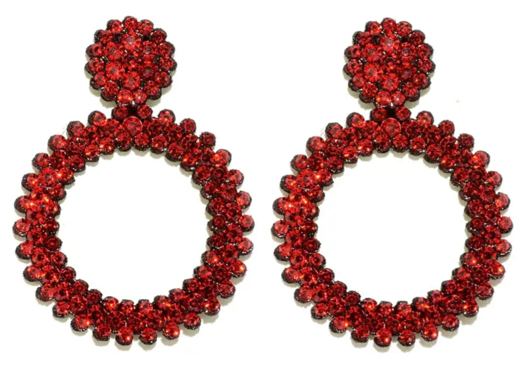 Large Bright Felt Backed Super Lightweight Ruby Red Crystal Rhinestone Retro Circle Ring Design Drop Earrings