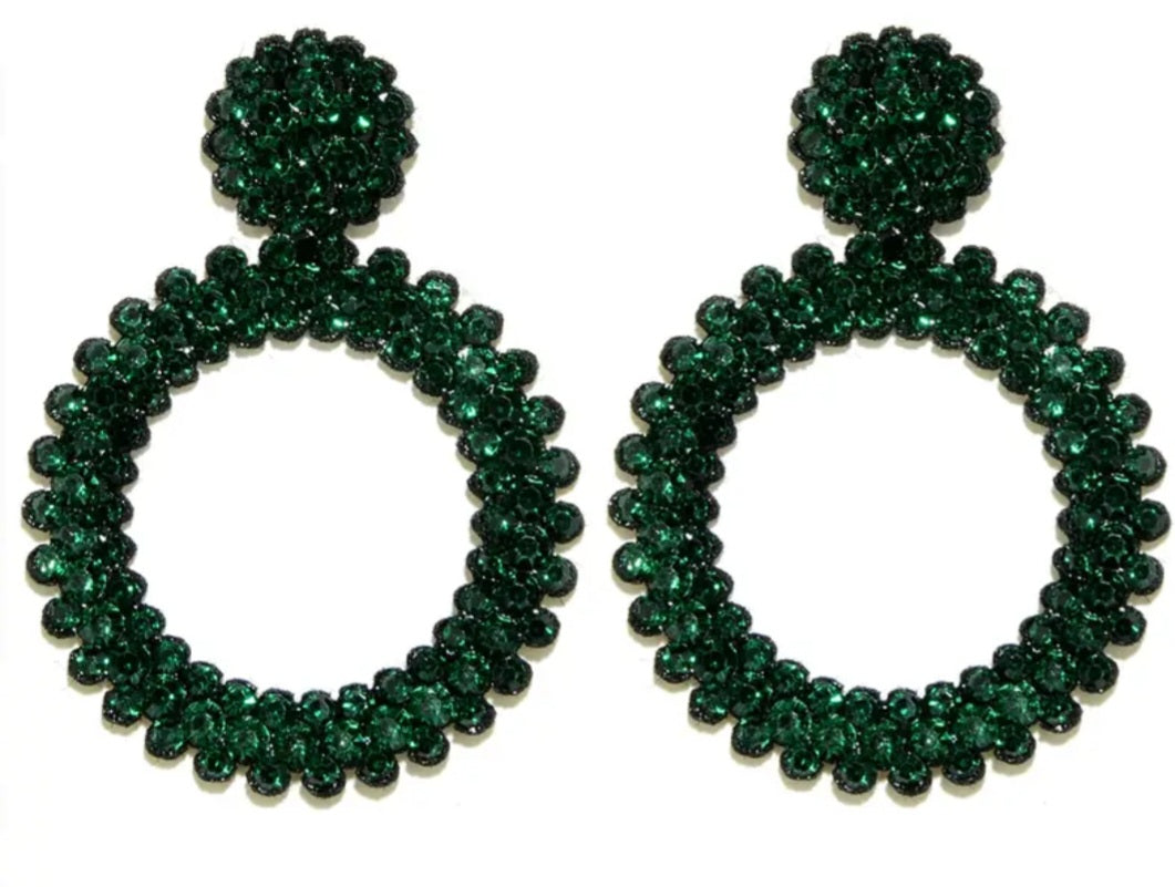 Large Bright Felt Backed Super Lightweight Emerald Green Crystal Rhinestone Retro Circle Ring Design Drop Earrings