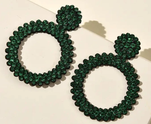 Large Bright Felt Backed Super Lightweight Emerald Green Crystal Rhinestone Retro Circle Ring Design Drop Earrings