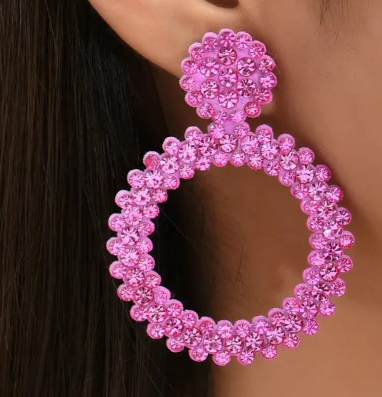 Large Bright Felt Backed Super Lightweight Pale Pink Crystal Rhinestone Retro Circle Ring Design Drop Earrings