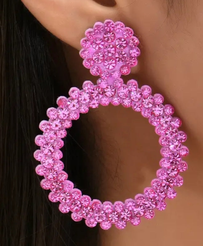 Large Bright Felt Backed Super Lightweight Pale Pink Crystal Rhinestone Retro Circle Ring Design Drop Earrings