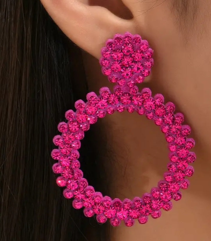 Large Bright Felt Backed Super Lightweight  Barbie Hot Pink Crystal Rhinestone Retro Circle Ring Design Drop Earrings