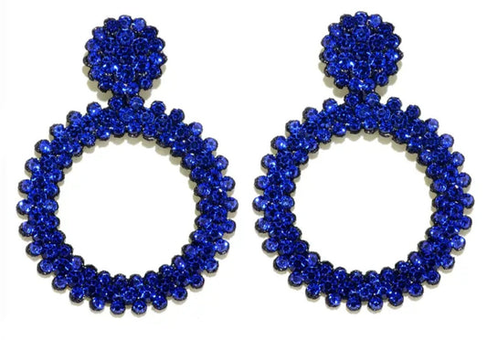 Large Bright Felt Backed Super Lightweight Royal Blue Rhinestone Retro Circle Ring Design Drop Earrings