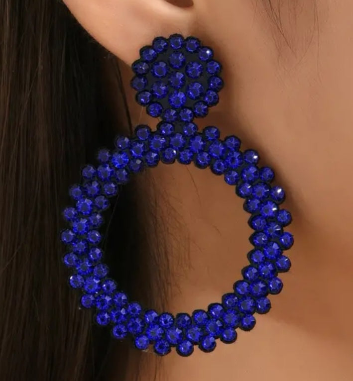 Large Bright Felt Backed Super Lightweight Royal Blue Rhinestone Retro Circle Ring Design Drop Earrings