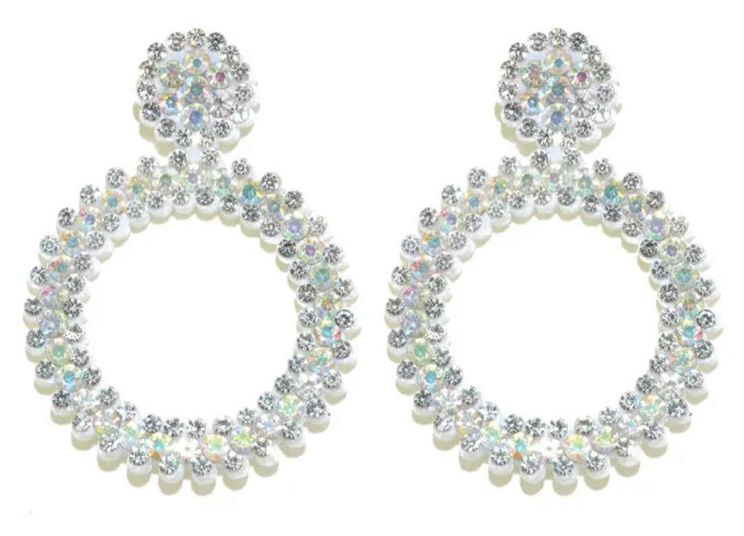 Large Bright Felt Backed Super Lightweight Colour Reflecting Crystal Rhinestone Retro Circle Ring Design Drop Earrings