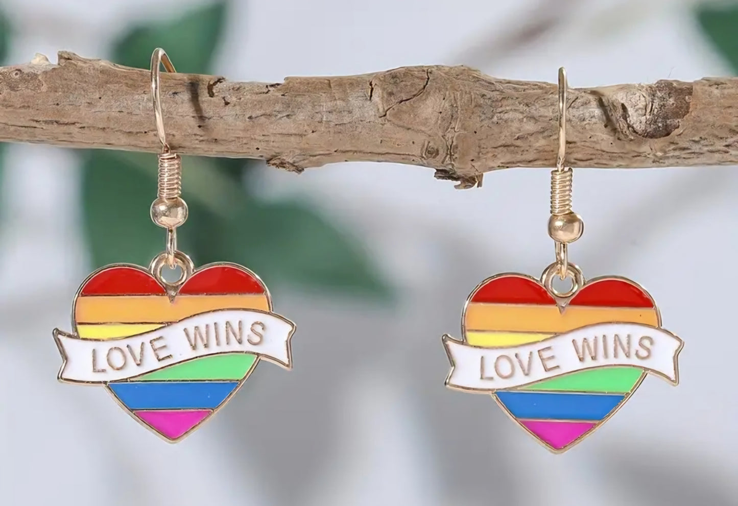 Love Wins Rainbow Heart Enamel Painted Gold Plated Dangle Earrings