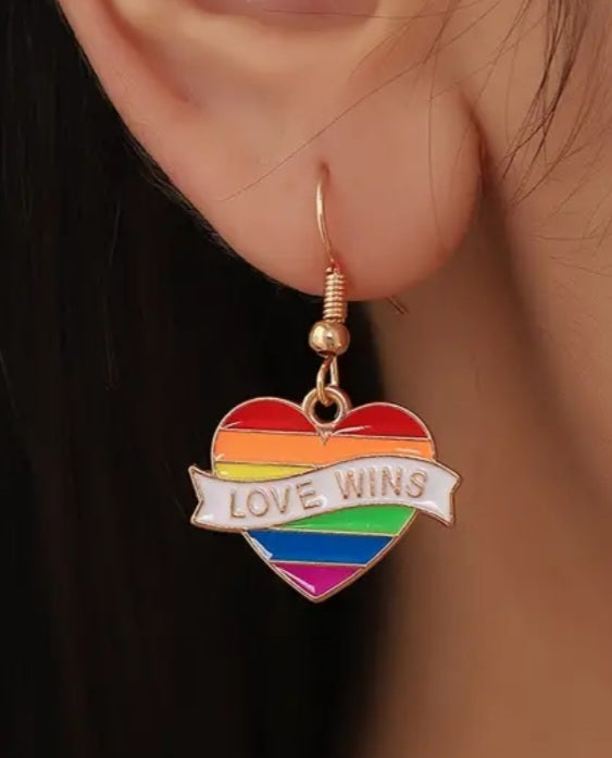 Love Wins Rainbow Heart Enamel Painted Gold Plated Dangle Earrings