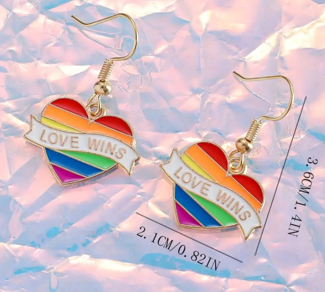 Love Wins Rainbow Heart Enamel Painted Gold Plated Dangle Earrings