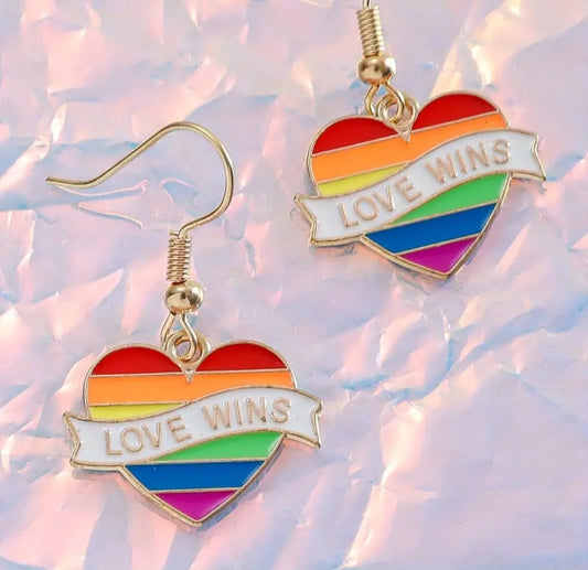 Love Wins Rainbow Heart Enamel Painted Gold Plated Dangle Earrings