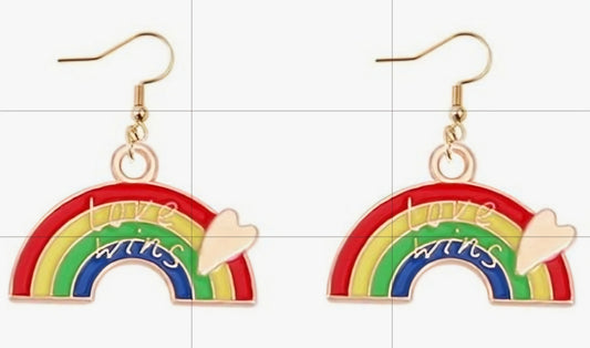 Love Wins Rainbow Heart Enamel Painted Gold Plated Dangle Earrings