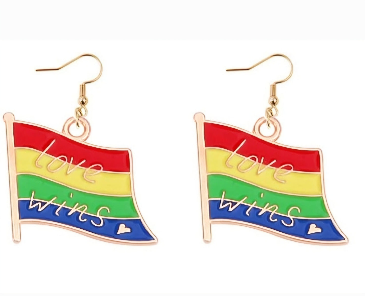 Love Wins Rainbow Heart Flag Enamel Painted Gold Plated Dangle Earrings