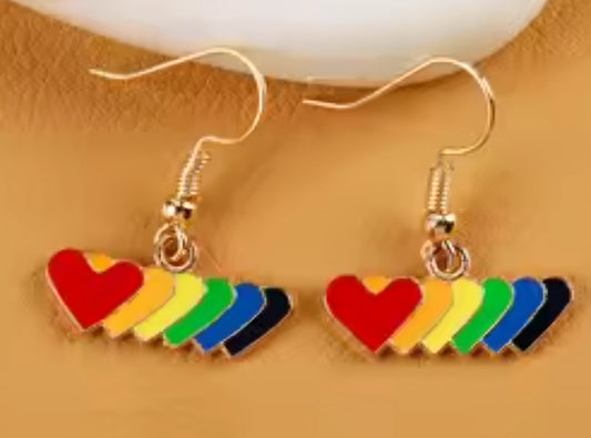 Rainbow Hearts Enamel Painted Gold Plated Dangle Earrings