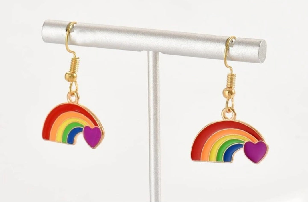 Rainbow Heart Enamel Painted Gold Plated Dangle Earrings