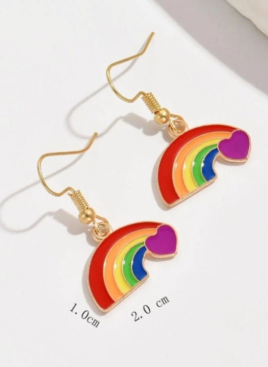 Rainbow Heart Enamel Painted Gold Plated Dangle Earrings