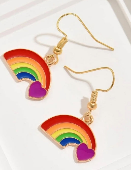 Rainbow Heart Enamel Painted Gold Plated Dangle Earrings