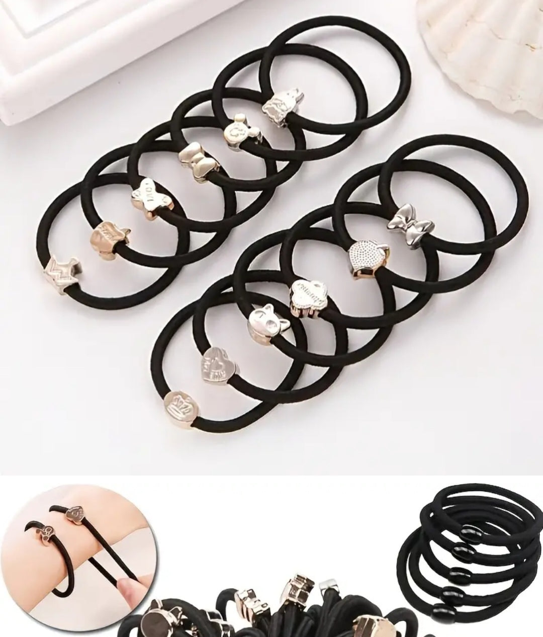 Black Elastic Hair Ties Stretch Bracelet With Metal Charm Random Selection x 10