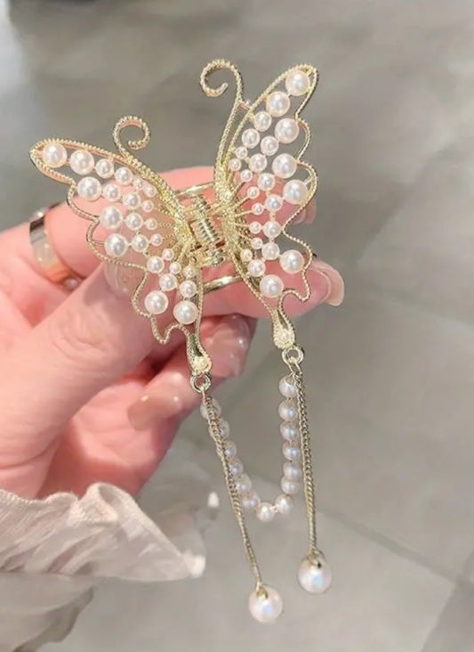 Bling Butterfly Large Hair Claw Clip Gold Plated Faux Pearl With Tassles