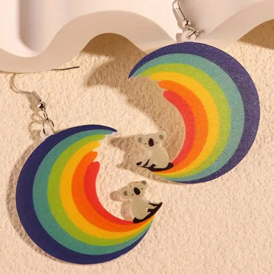 Acrylic Koala Surfing Rainbow Wave Design Dangle Earrings