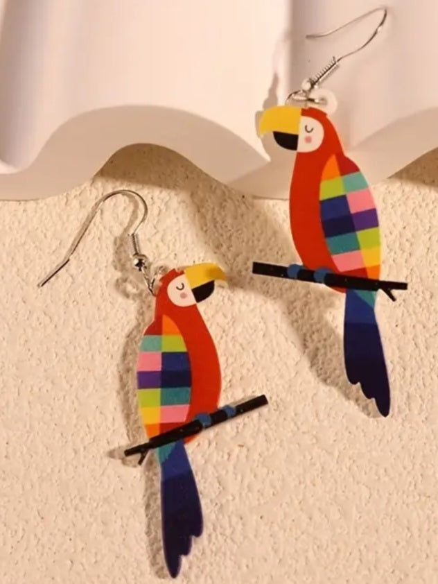 Acrylic Colourful Patchwork Parrot Design Dangle Earrings